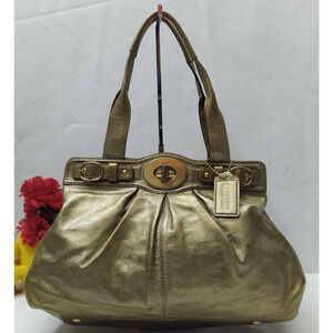 Coach Garnet Metallic Gold Leather Turnlock Double Handle Satchel Shoulder Bag
